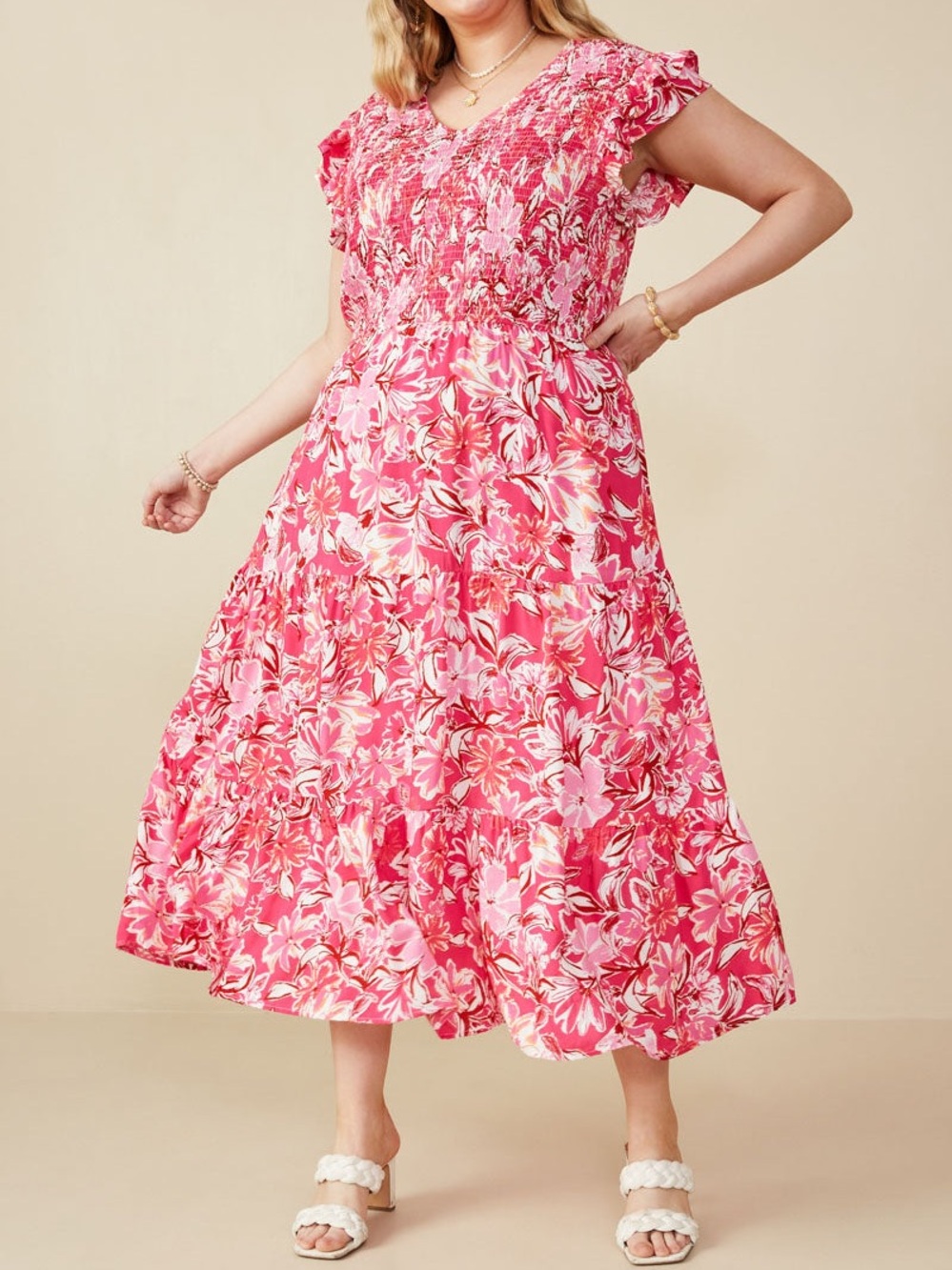 HAYDEN LA Tropical Floral Smocked Ruffled Midi Tank Dress Pink Sz Large